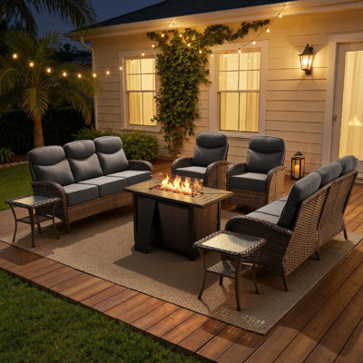 8-Person Outdoor Wicker Nighttime Moments Large Family Conversation Set With Sofa, Swivel Chairs And Fire Pit