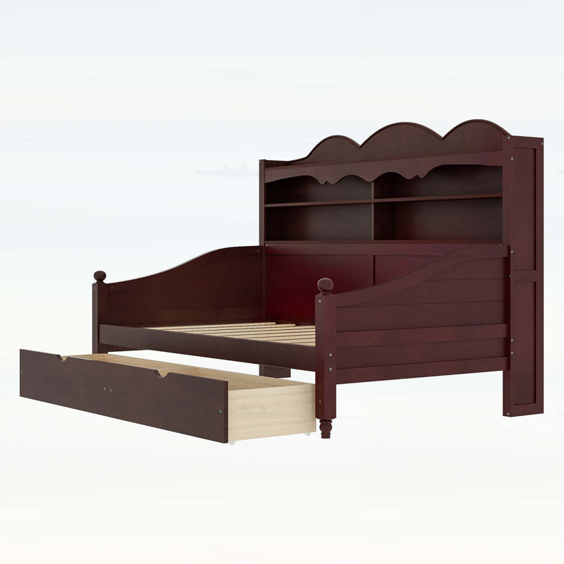 Lit de jour simple avec tiroirs de rangement, tête de lit en bois, Espresso