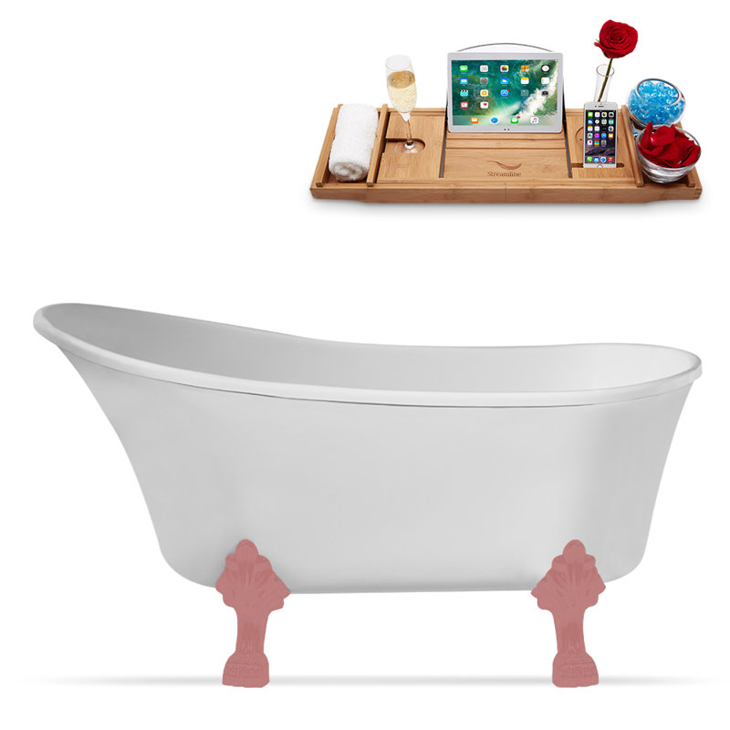 Baignoire de trempage sur pieds 59 "avec drain, pattes et plateau en bambou 59" Streamline, Bronze huilé mat, Rose mat