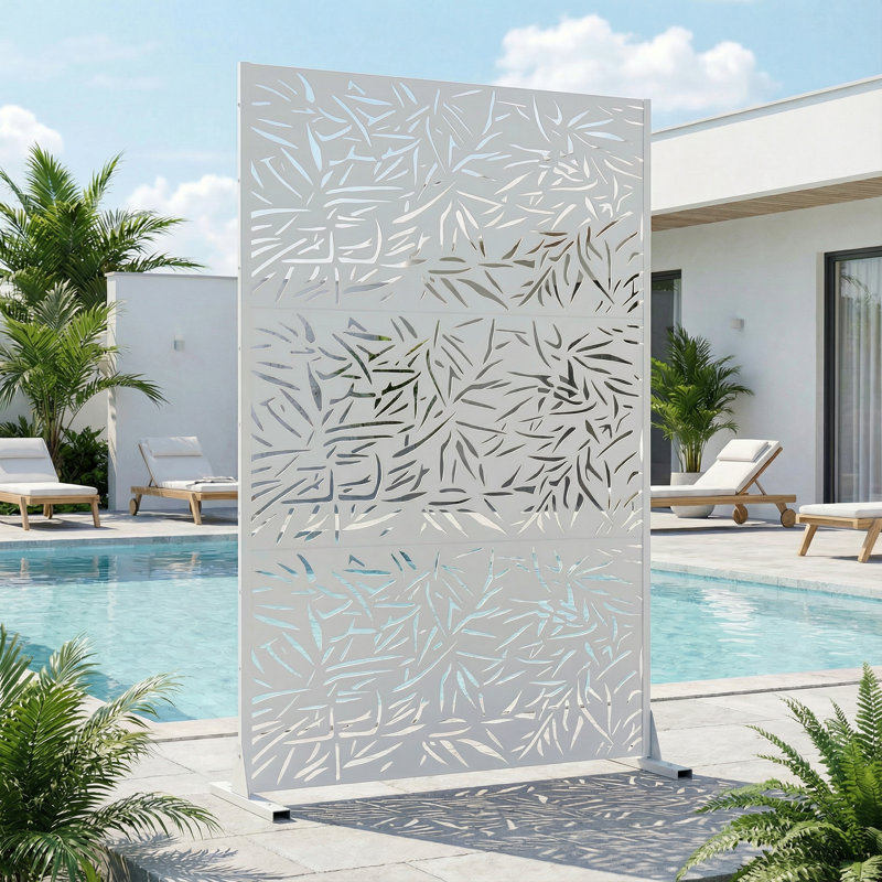 Panneau de clôture en métal avec motif de feuilles de bambou, Blanc, H 72 po x l 47 po x P 16 po