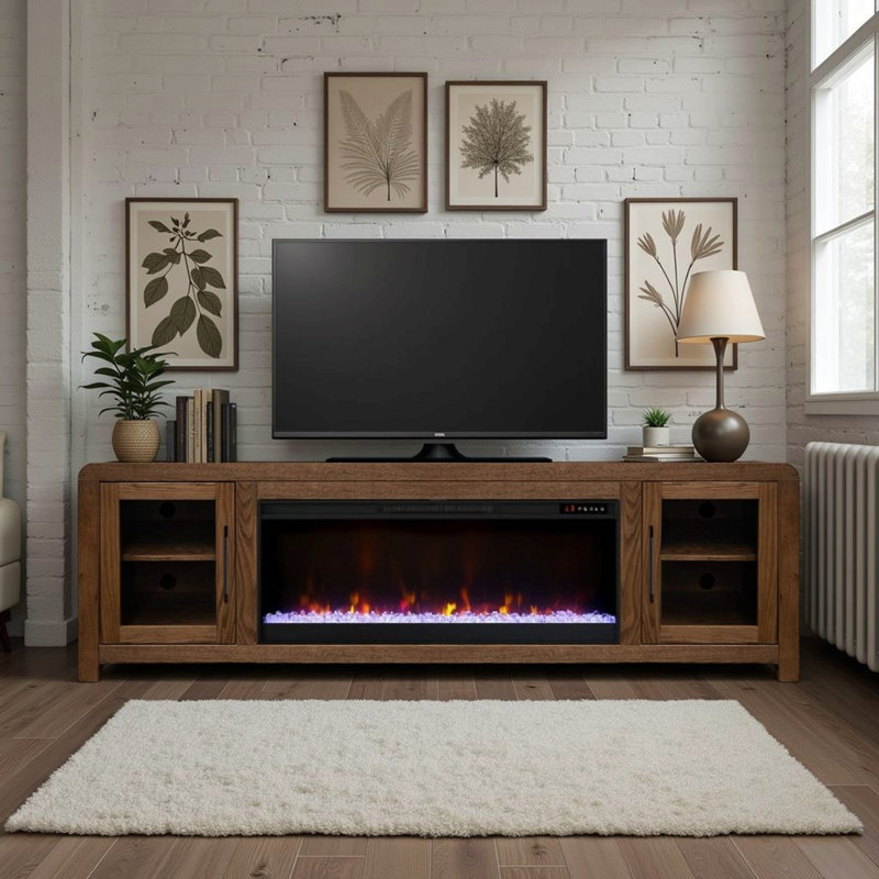 Meuble télé 82 po avec portes en verre, pour téléviseur de 90 po ou moins, assemblage minimal, Brun