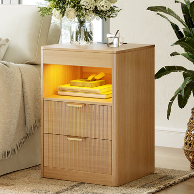 Modern Nightstand with 2-Drawers & Open Shelf, LED Nightstand with Built-in Charging Station,Suitable for Bedroom