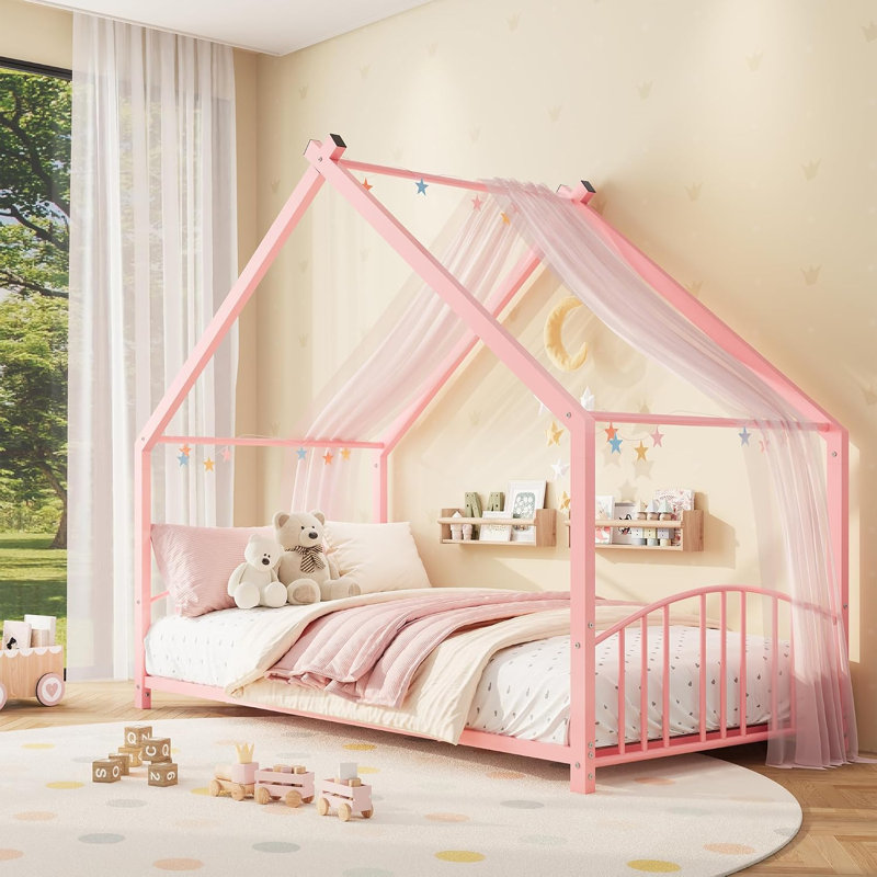 Lit de sol simple avec cadre de maison, Twin, Pink