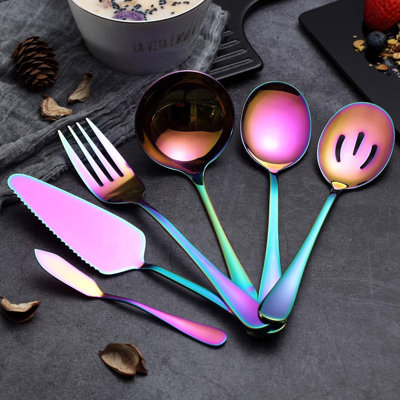 Ensemble d'ustensiles de service 6 pièces en acier inoxydable avec pelle à gâteau, cuillère à rainure, cuillère de service, fourchette à viande, couteau à beurre et louche à soupe, couverts élégants pour les repas et les réceptions