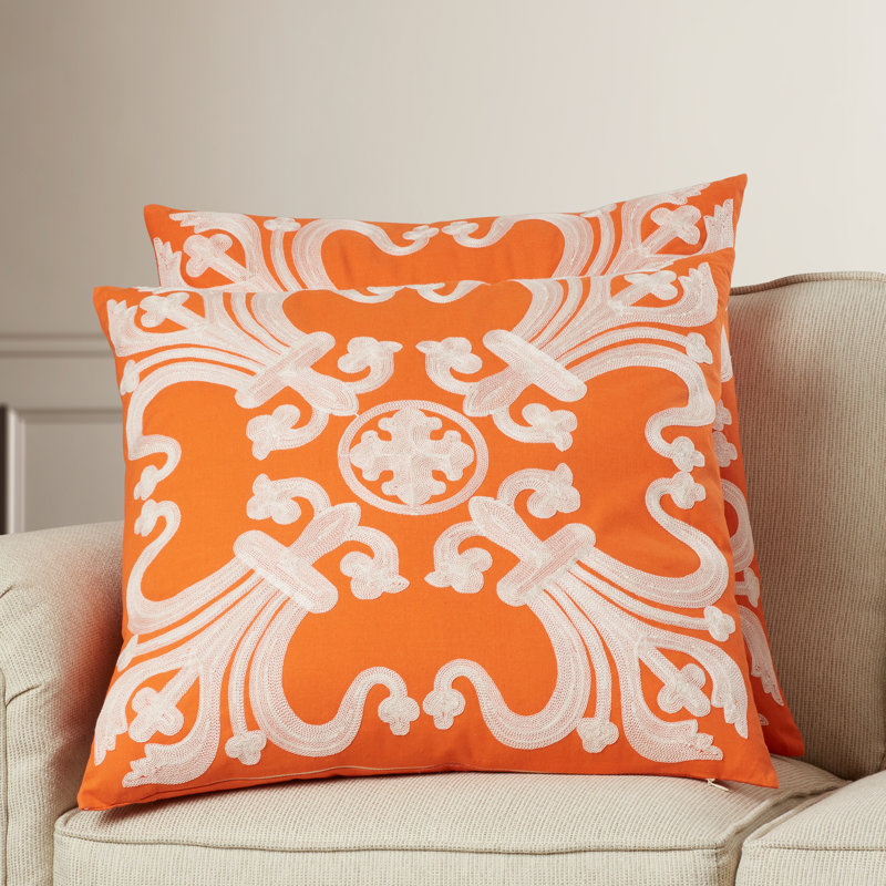 Embroidered Cotton Reversible Throw Pillow, Square 22", Orange