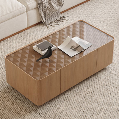 46.8" Mid-Century Modern Glass Top Coffee Table,Rectangular Center Table with Hidden Storage Drawers for Living Room,Contemporary Storage Coffee Table