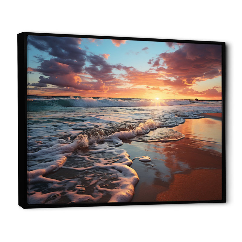 Coucher de soleil horizon III - art mural côtier pour le salon, H 12 po x l 20 po x P 1 po, Cadre flottant noir