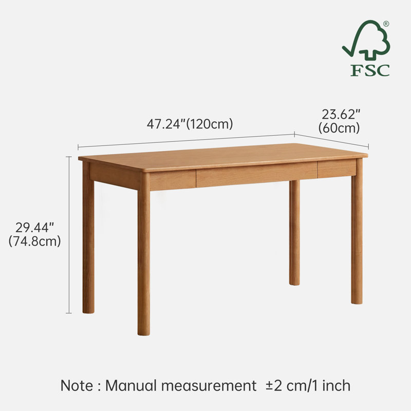 Bureau moderne en bois massif de 47 po avec 2 tiroirs, L 47 po, Natural