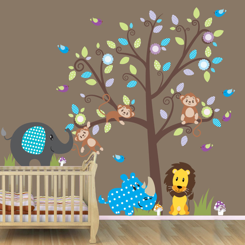 Adhésif décoratif arbre de chambre de bébé, lion et vinyle éléphant, Schéma B
