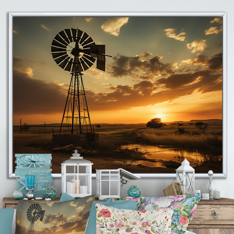 Texas Rustic Windmills - Wind Turbines, art mural pour le salon, H 24 po x l 32 po x P 1 po, Cadre flottant blanc
