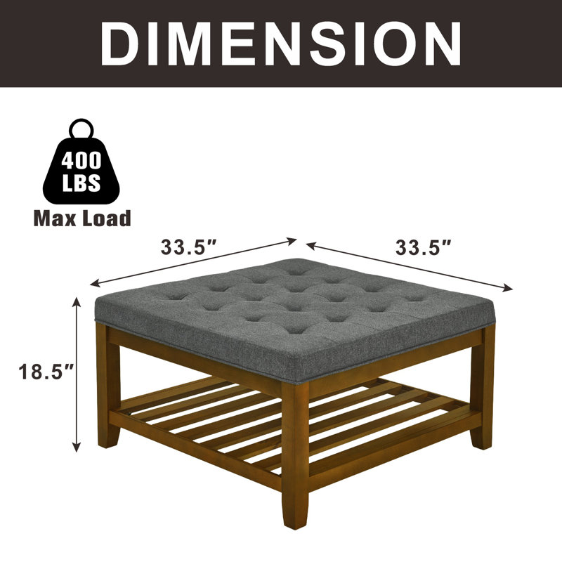 Square Ottoman Coffee Table With Wood Storage Shelf, Dark Gray
