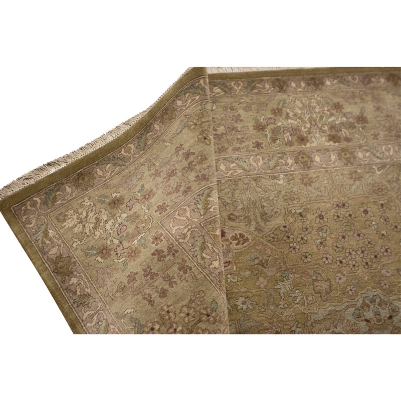 Hand Knotted Wool Area Rug in Olive Green And Gold