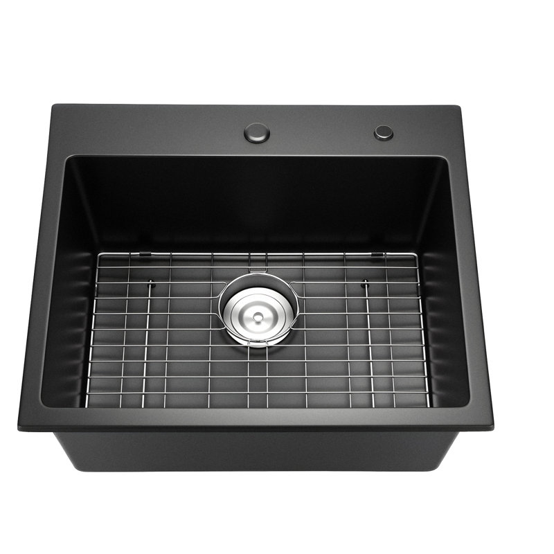 25X22x10 Inch Granite Kitchen Sink Single Bowl, Top Mount For Rv And Bar Areas, Black Quartz Material With Natural Stone Look, Scratch - Design, Included Drain Kit Stopper, Fits Large Cooking