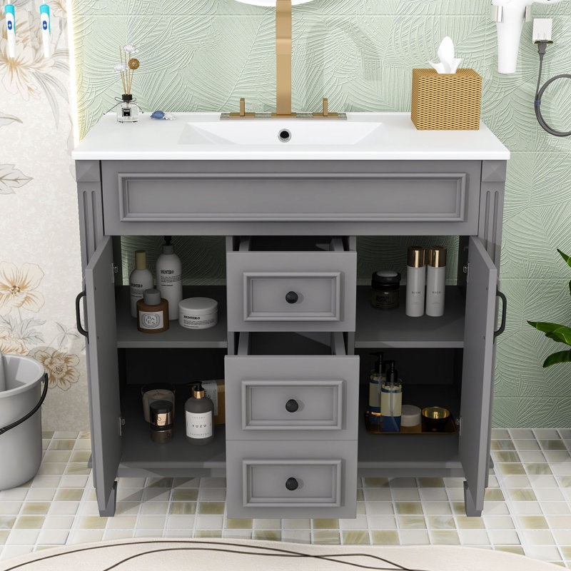 Ensemble de meuble-lavabo simple autoportant avec lavabo et rangement Elliesha, Gris