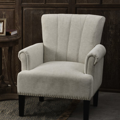 Fauteuil Accent Rivet crème avec structure en bois massif, pieds carrés fuselés, dossier rainuré, accoudoirs roulés, siège à ressorts à arc, coussin confortable en mousse épaisse, tissu teinté, facile à assembler, 330 lb