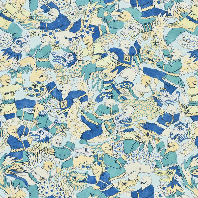 Chinois Chic Dragon Dance Fabric, Sage/Blue/Teal