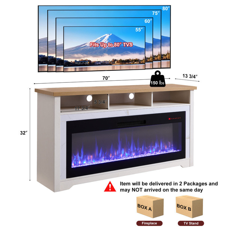 Fireplace TV Stand for 80" TVs, Entertainment Center w/60 Inch Fireplace, WiFi Enabled, APP/Voice Control, Simulated Marble Surrounded, Open Shelves Storage, TV Console with Fireplace, White