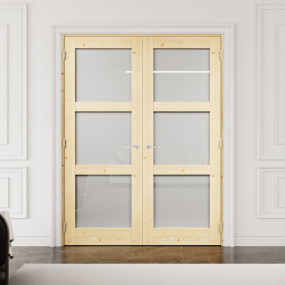 56" x 80" 3-Lite Pine Wood & Frosted Glass Interior French Door with Silver Hardware & Latch & Door Lever, Natural Pine Wood, Tempered Glass Door Slab with Privacy, Paintable & Waterproof, Suit for Laundry, Closet Doors, Room Doors, Assembly Required
