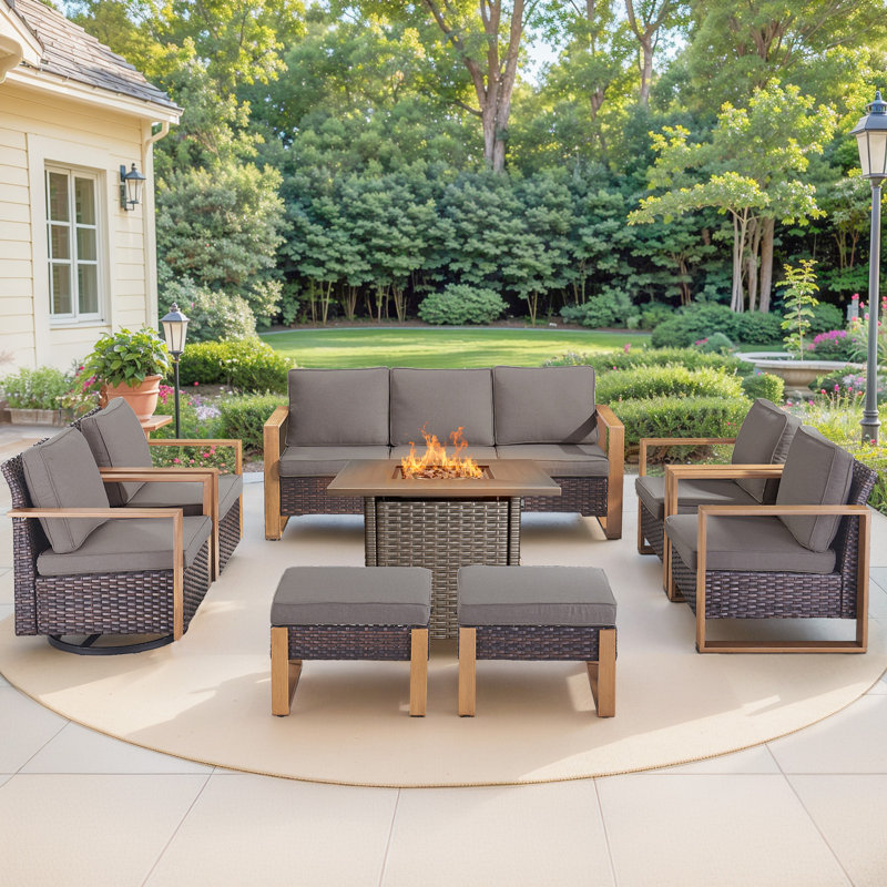 Palomares 8-Piece Outdoor Conversation Set With Swivel Gliders And Square Fire Pit Table, 9-Person Wicker Patio Seating With Armchairs