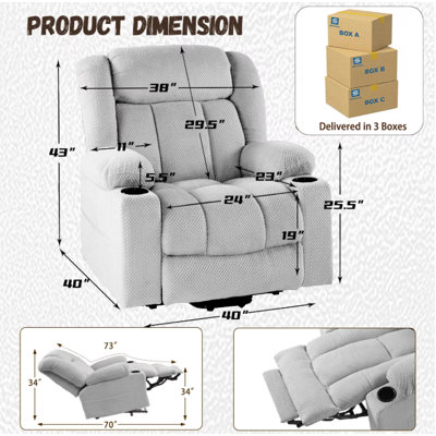 Fauteuil inclinable électrique lève-personne de 40 po de large et de hauteur avec chaleur, massage et repose-pieds allongé