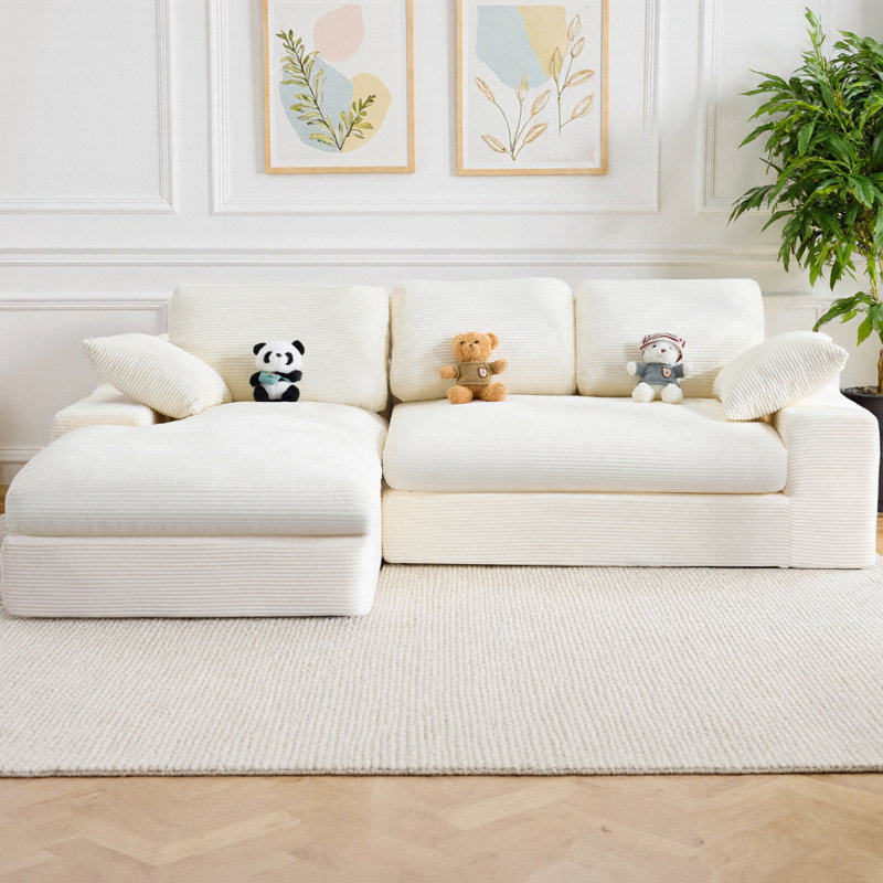 Canapé modulaire en L avec chaise longue en velours côtelé Corduroy, Velours côtelé blanc