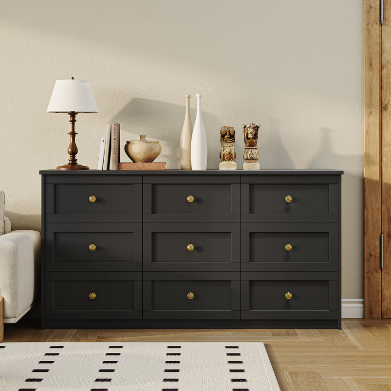 Commode 9 tiroirs Bulwell, commode 9 tiroirs pour chambre à coucher, salon et garde-robe, Noir