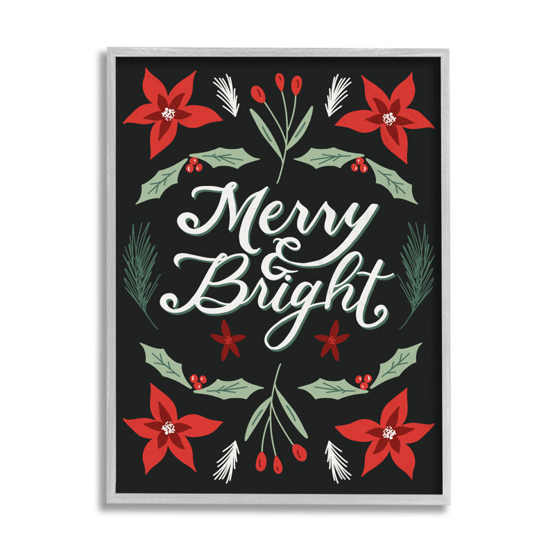 «Merry and Bright Festive Christmas Text Poinsettia» par Amanda Houston - impression d'art graphique, Toile tendue