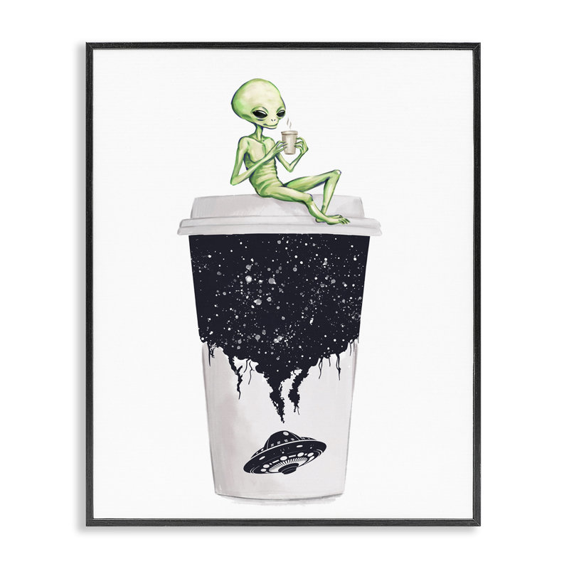 Art «Alien & Coffee Cup» par Ziwei Li, Giclée encadrée noir minuit, H 14 po x l 11 po