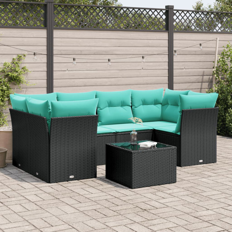Ensemble de canapé de patio 7 pièces avec coussins en rotin de polyester, Bleu clair, Noir