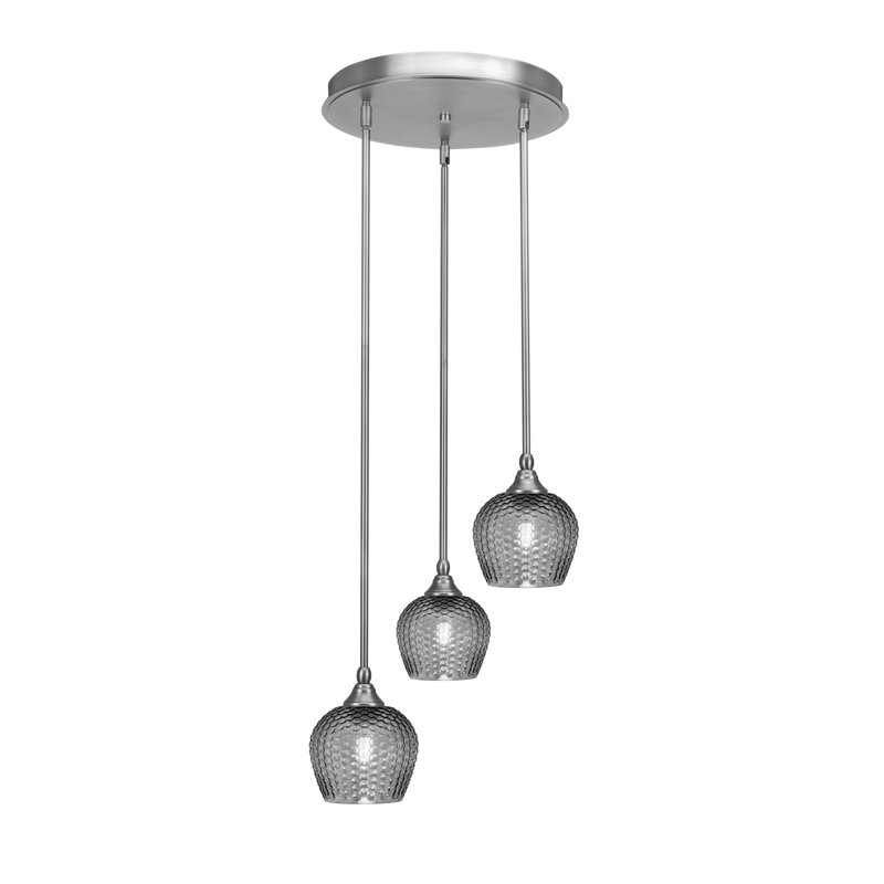 Luminaire suspendu grappe suspendue 3 lumières avec verre texturé 6 po Nahili Empire, Nickel brossé, Fumée