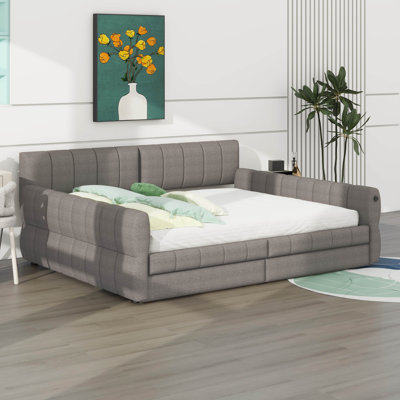 Queen Upholstered Platform Bed With USB Charging Ports, 2 Drawers, Lambswool Upholstery