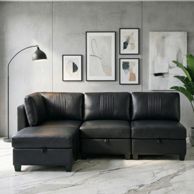 4-Seat PU Modular Sofa, Convertible Design with Storage & Sleeper Function, Black