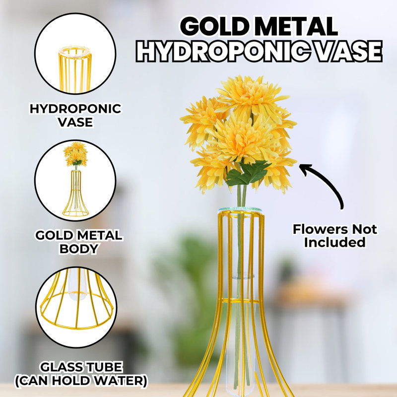 Vase de terrarium hydroponique, métal noir, verre 7 pouces 17 cm, Or