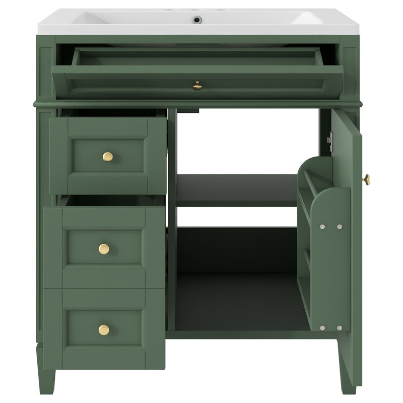 Meuble-lavabo de 30 po avec lavabo supérieur, armoire de rangement moderne avec 2 tiroirs et un tiroir basculant, Vert, Doré