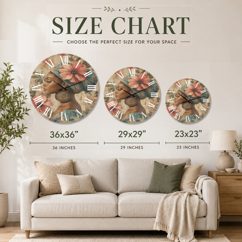 Horloge murale en bois bleu bohème avec couronne florale Muse I, Extra Large