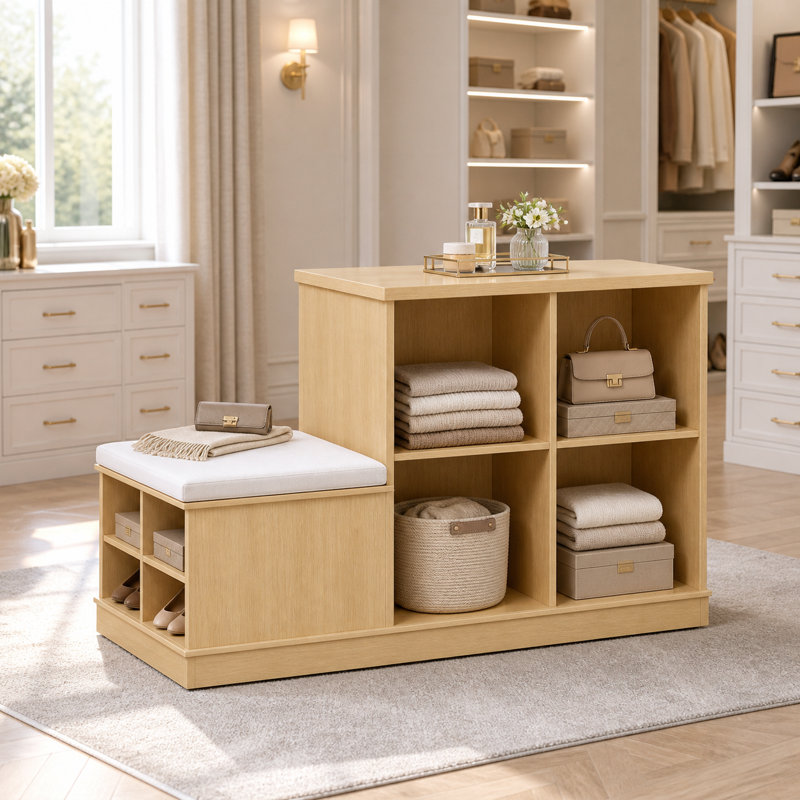 33'' H Gold Oak Closet Island With Cushioned Shoe Bench