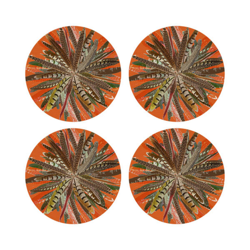 Pheasant Feathers Vegan Leather Round Pebble Placemat, Orange