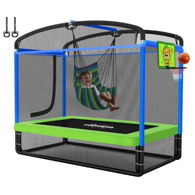 Zupapa 5 in 1 Rectangle Kids Trampoline 6FT with Hammock Chair, Basketball Hoop, and Safety Net Square Trampoline for Toddlers Ages 3-6, 220LBS Capacity