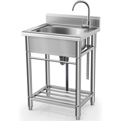 Évier de cuisine autoportant à simple cuve utilitaire avec tuyau d'eau froide et chaude en acier inoxydable pour salle de bain