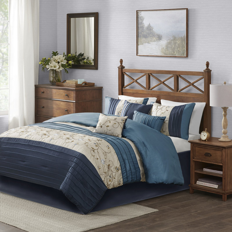 Serene Embroidered 7 Piece Comforter Set, King Comforter + 6 Additional Pieces, Navy