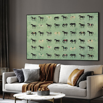 Très grand imprimé mural d'art sur toile - Motif de cheval vert fantaisiste, décor de chambre d'enfants équestre pour le salon ou la chambre à coucher - «Assemblage requis du cadre (cadre non fini)»