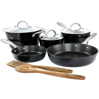 Batterie de cuisine antiadhésive en aluminium de 10 pièces avec ustensiles en bois Kenmore Logan