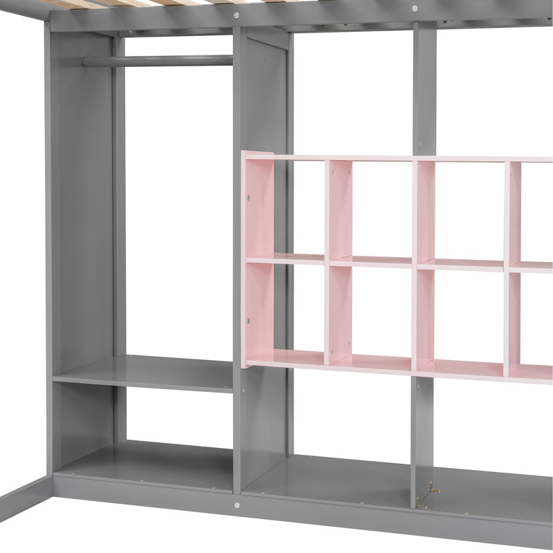 Lit mezzanine en bois pleine grandeur avec garde-robe, tablettes et armoire, gris et rose, Lit double, Rose / Gris
