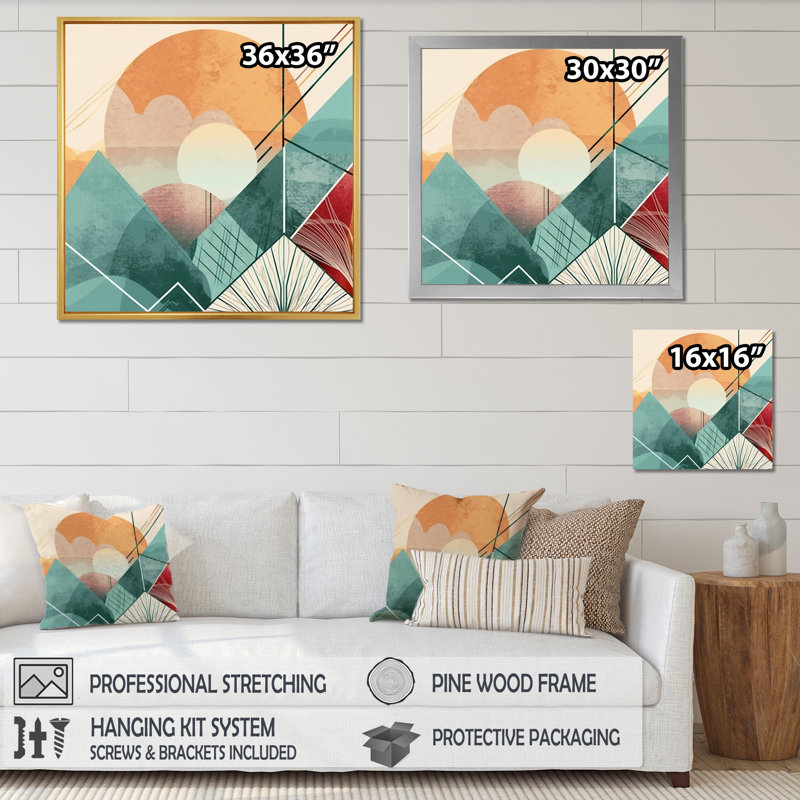 Paysage minimaliste boho en vert terreux rétro - impression, Cadre flottant noir, H 30 po x l 30 po x P 1 po