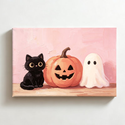 Chat noir, citrouille d'Halloween et fantôme, peinture à l'huile sur toile, décoration murale gothique pour salon ou chambre, 40 x 60 cm