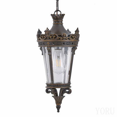 Lanterne suspendue d'extérieur à couronne antique de 18 po (H), luminaire suspendu rétro imperméable avec design en métal orné et verre transparent pour patio, jardin, porche, éclairage d'entrée (une pièce et sans ampoule)