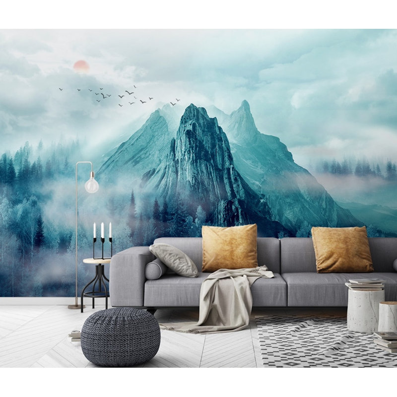 Mountain Misty Forest Sunrise Natural Removable Wallpaper, 75" L x 112" W