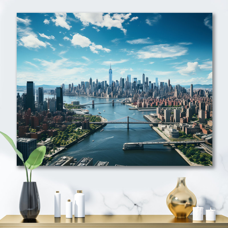 «Cityscape Of Nyc Usa I - City Buildings», reproduction sur toile encadrée, H 12 po x l 20 po x P 1 po, Cadre flottant doré