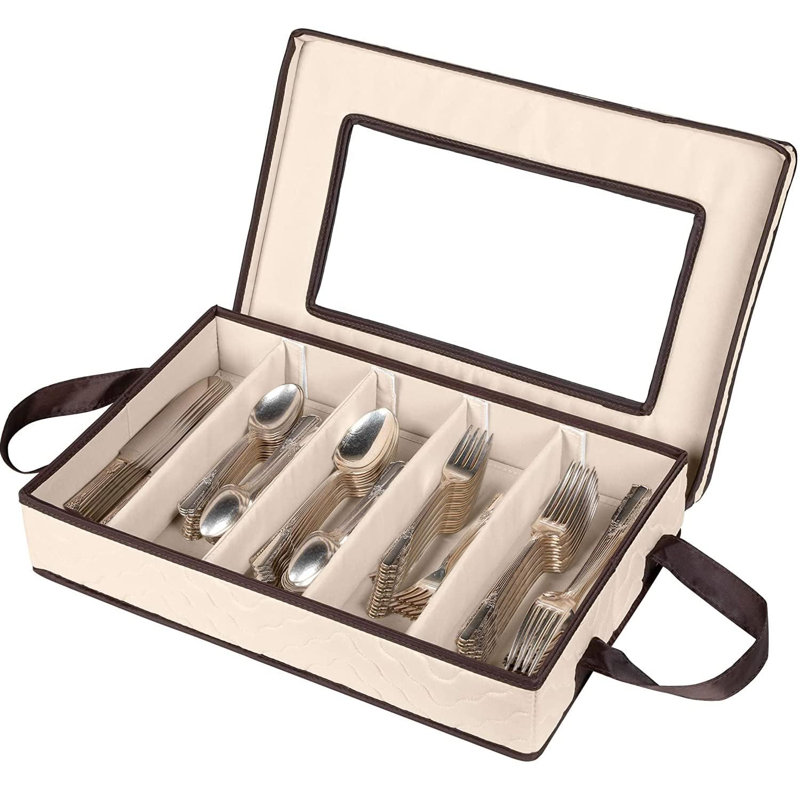 Flatware Storage Case - Durable 5 Compartment Silverware Storage Container Box With Removable Lid And Easy To Carry Handles