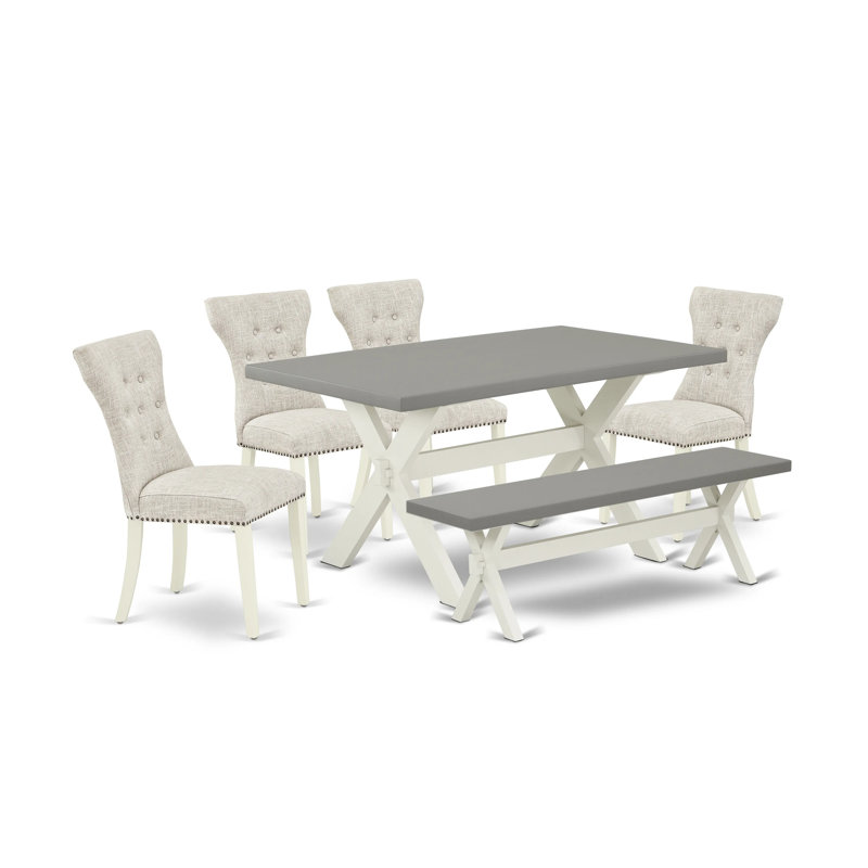 L'ensemble de table de salle à manger 6 pièces contient une table rectangulaire en bois avec des pieds en X et 4 chaises rembourrées en tissu de lin avec un banc, en lin brossé blanc 